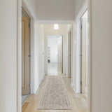 Hallway scene with a Nourison Lynx Ivory Grey Blue Vintage runner rug on light wood floors. White walls and doors.