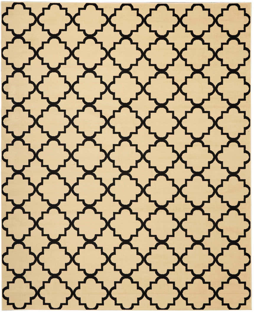 Close-up of Nourison Grafix Cream Black Moroccan Rug featuring a geometric quatrefoil pattern.