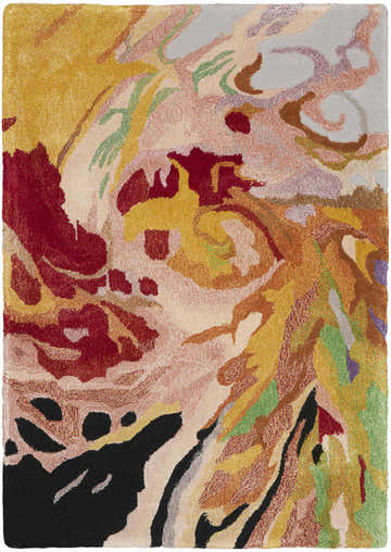 Close-up of the Nourison Prismatic Multicolor rug. Abstract design with red, yellow, green, and black hues. Handmade texture.