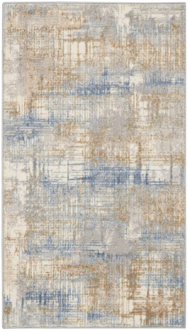 Close-up of Calvin Klein CK950 Rush Blue Beige rug. Modern high pile rug with a subtle abstract pattern and soft texture.