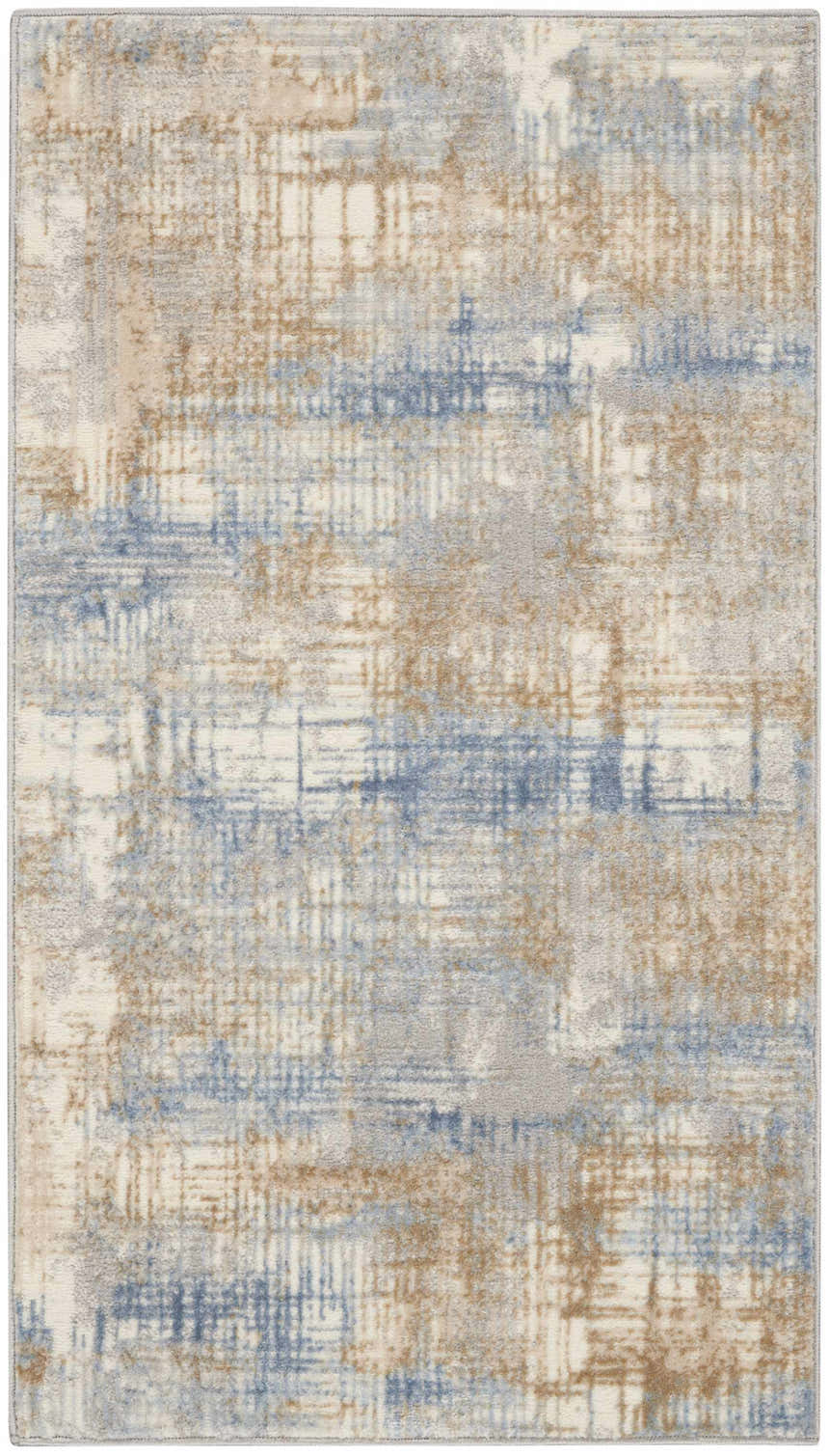 Close-up of Calvin Klein CK950 Rush Blue Beige rug. Modern high pile rug with a subtle abstract pattern and soft texture.
