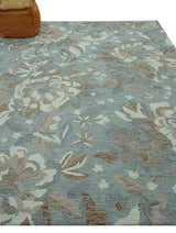 Beautiful Blue, Ivory and Olive Floral Design 8x10 Hand Tufted wool Rug