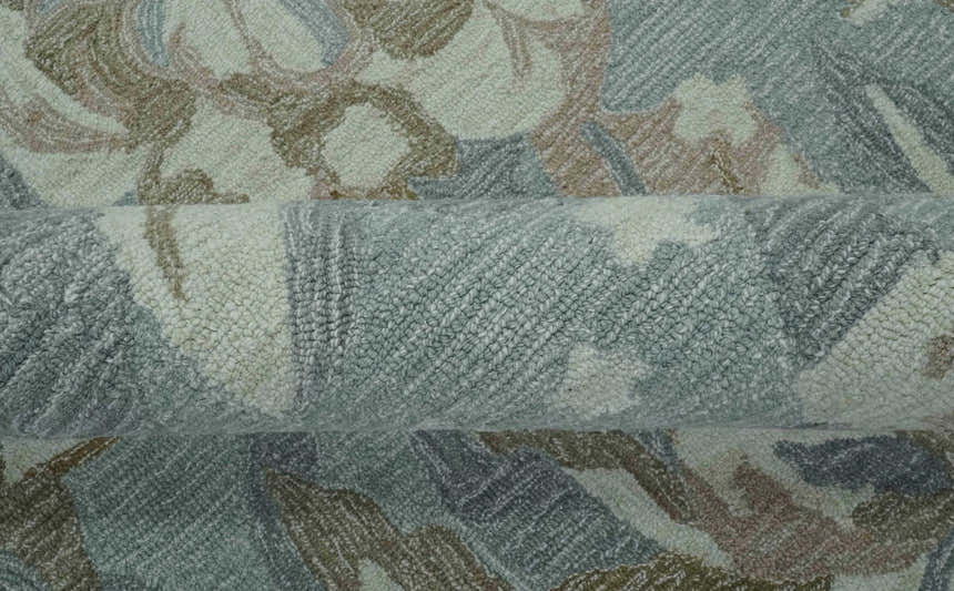 Beautiful Blue, Ivory and Olive Floral Design 8x10 Hand Tufted wool Rug