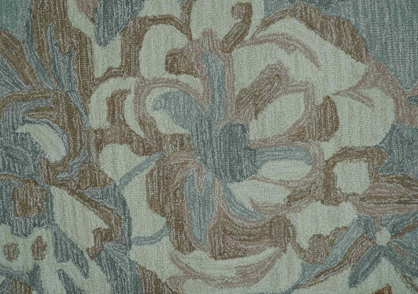 Beautiful Blue, Ivory and Olive Floral Design 8x10 Hand Tufted wool Rug