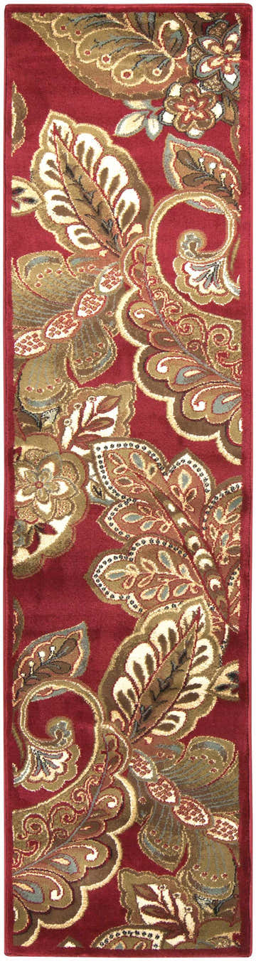 Close-up of the Beedeville Red Floral Rug, featuring a traditional paisley pattern in red, brown, and green hues. Design-Runner-275