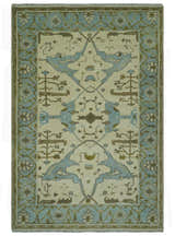 Beige and Aqua Hand Knotted 6x9 Traditional Oriental Oushak wool area rug