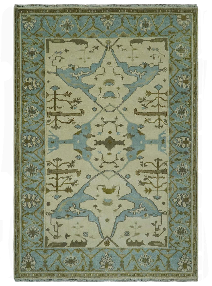 Beige and Aqua Hand Knotted 6x9 Traditional Oriental Oushak wool area rug