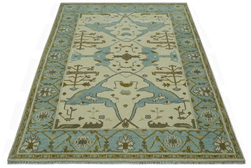 Beige and Aqua Hand Knotted 6x9 Traditional Oriental Oushak wool area rug