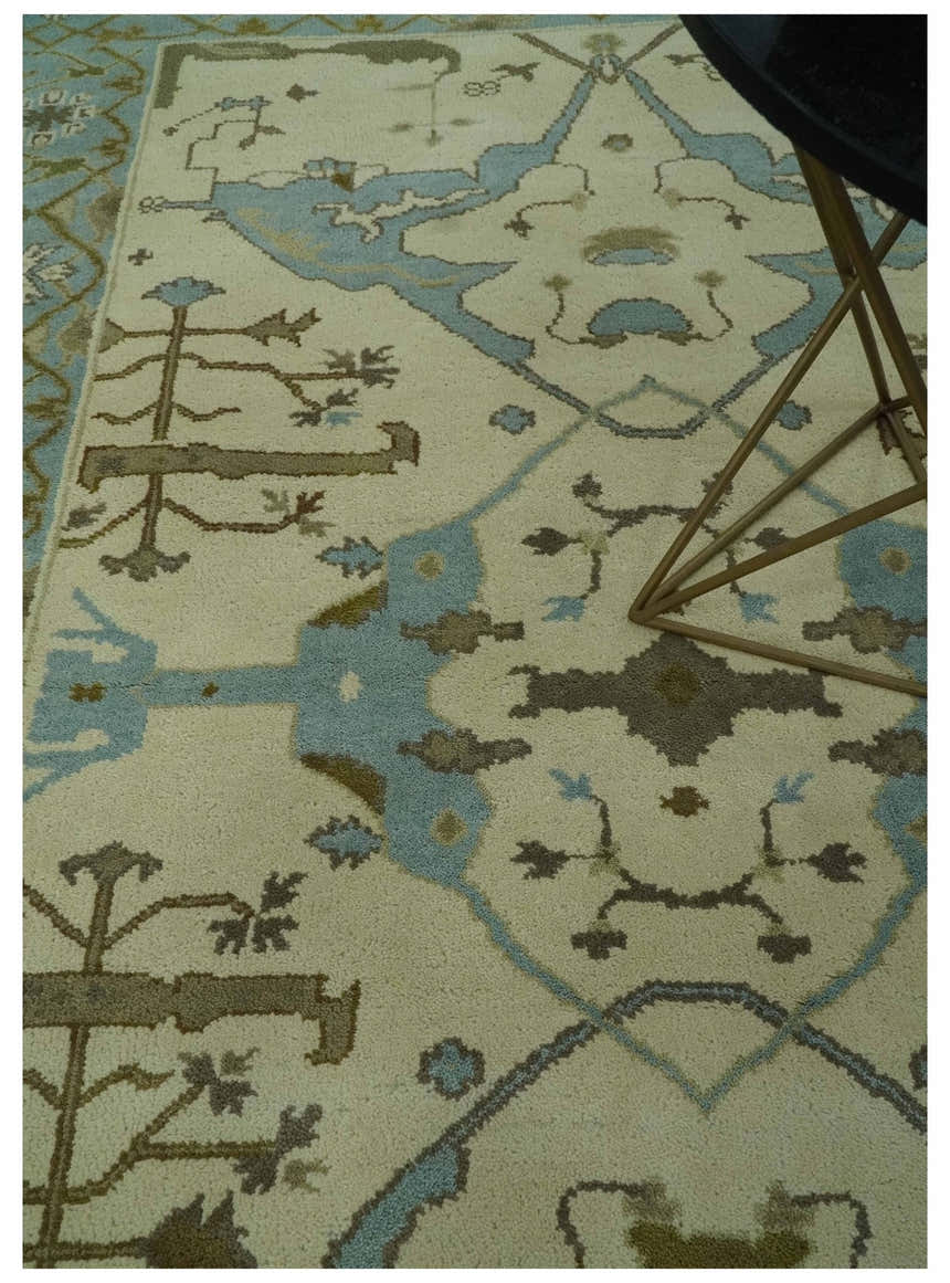 Beige and Aqua Hand Knotted 6x9 Traditional Oriental Oushak wool area rug