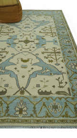 Beige and Aqua Hand Knotted 6x9 Traditional Oriental Oushak wool area rug