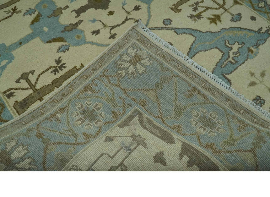 Beige and Aqua Hand Knotted 6x9 Traditional Oriental Oushak wool area rug