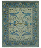 Beige and Blue Hand Knotted Oushak Custom Made wool Rug