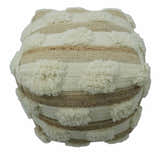 Beige and Ivory Geometrical Stripes Design Fringed wool and jute Pouf