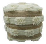 Beige and Ivory Geometrical Stripes Design Fringed wool and jute Pouf