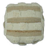 Beige and Ivory Geometrical Stripes Design Fringed wool and jute Pouf