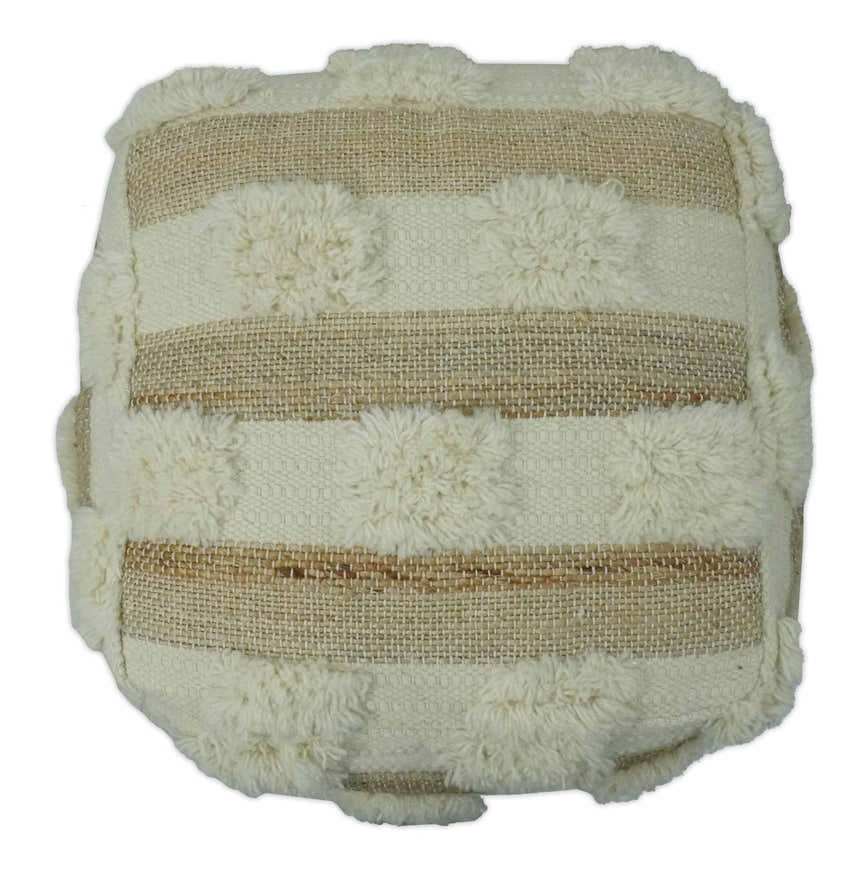 Beige and Ivory Geometrical Stripes Design Fringed wool and jute Pouf