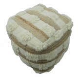 Beige and Ivory Geometrical Stripes Design Fringed wool and jute Pouf