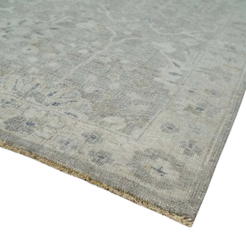 Beige and Silver Custom Made Antique Style Distressed Finished Low Pile wool Area Rug