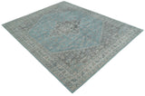 Beige, Blue and Gray Antique Finish Distressed Hand Knotted Heriz Serapi Traditional Multi Size wool Area Rug