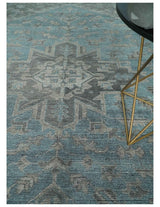 Beige, Blue and Gray Antique Finish Distressed Hand Knotted Heriz Serapi Traditional Multi Size wool Area Rug