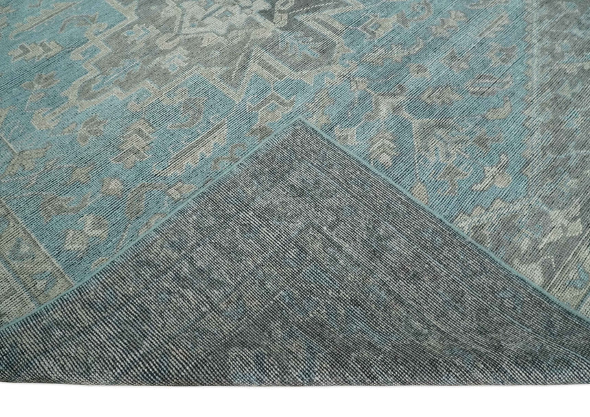 Beige, Blue and Gray Antique Finish Distressed Hand Knotted Heriz Serapi Traditional Multi Size wool Area Rug