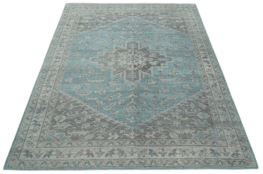 Beige, Blue and Gray Antique Finish Distressed Hand Knotted Heriz Serapi Traditional Multi Size wool Area Rug
