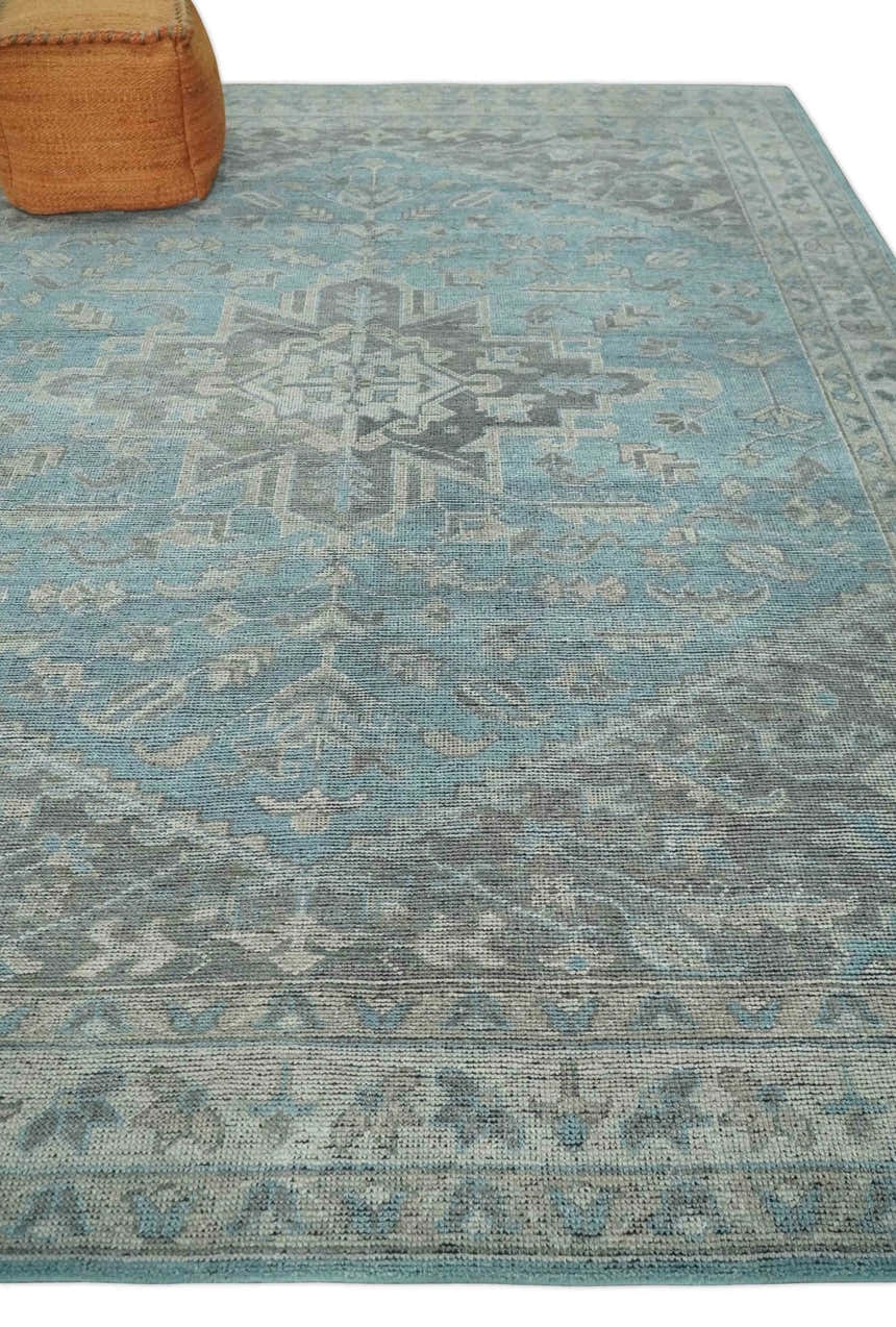 Beige, Blue and Gray Antique Finish Distressed Hand Knotted Heriz Serapi Traditional Multi Size wool Area Rug