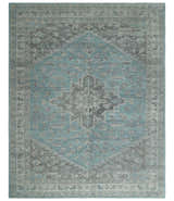 Beige, Blue and Gray Antique Finish Distressed Hand Knotted Heriz Serapi Traditional Multi Size wool Area Rug