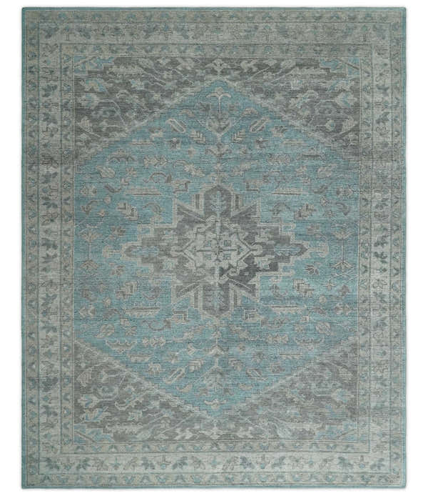Beige, Blue and Gray Antique Finish Distressed Hand Knotted Heriz Serapi Traditional Multi Size wool Area Rug