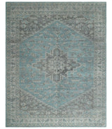 Beige, Blue and Gray Antique Finish Distressed Hand Knotted Heriz Serapi Traditional Multi Size wool Area Rug
