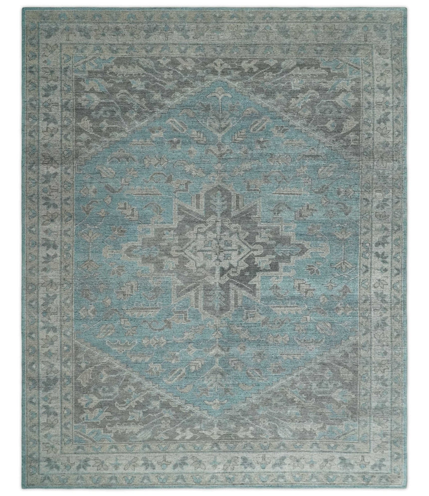 Beige, Blue and Gray Antique Finish Distressed Hand Knotted Heriz Serapi Traditional Multi Size wool Area Rug