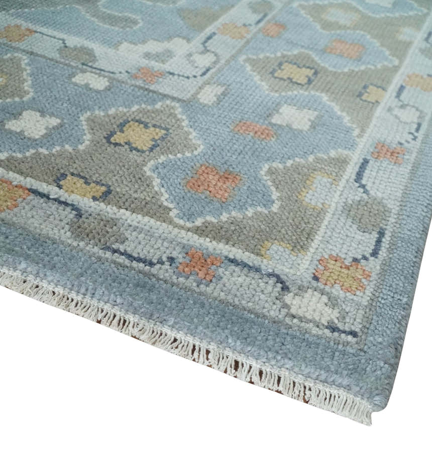 Beige, Blue and Ivory Hand Knotted Traditional Wool Area Rug