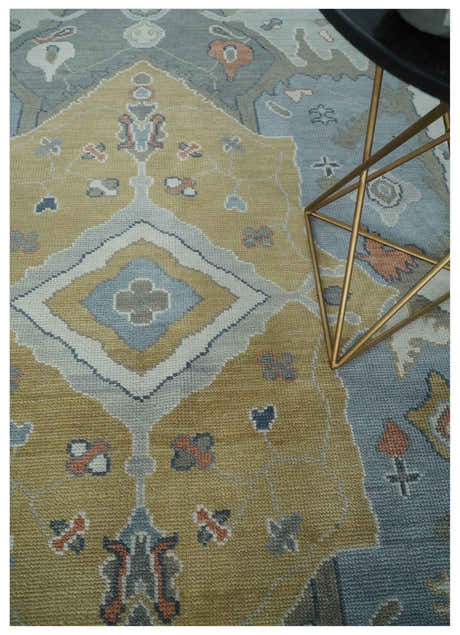 Beige, Blue and Ivory Hand Knotted Traditional Wool Area Rug