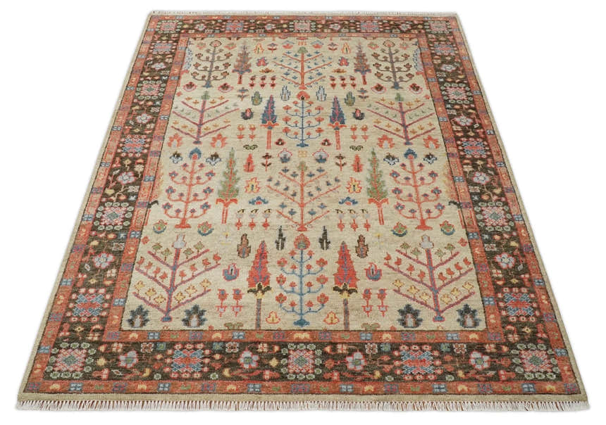 Beige, Brown and Rust Tree of Life Hand Knotted Traditional Multi Size Wool Rug