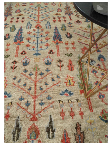Beige, Brown and Rust Tree of Life Hand Knotted Traditional Multi Size Wool Rug
