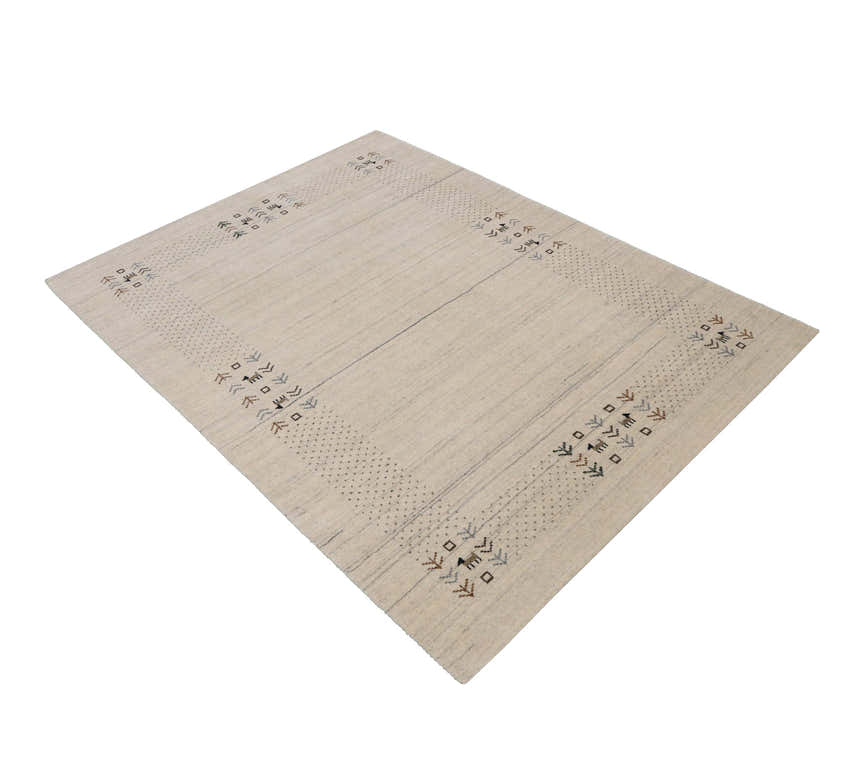 Beige Contemporary Solid Border Design Hand Loomed Wool Area Rug