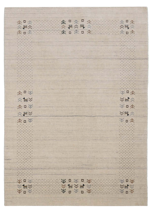 Beige Contemporary Solid Border Design Hand Loomed Wool Area Rug