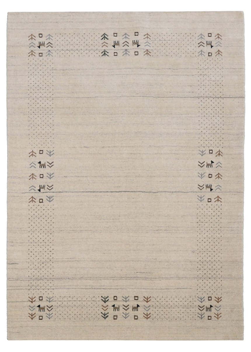 Beige Contemporary Solid Border Design Hand Loomed Wool Area Rug