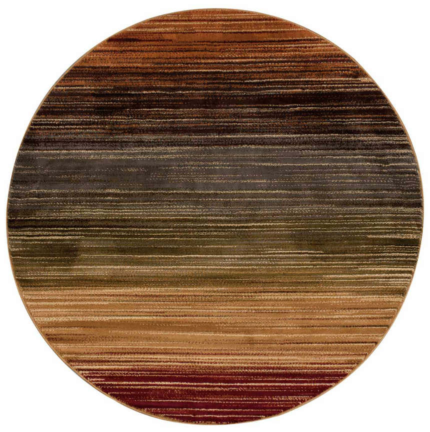 Round Nourison Paramount rug. Painterly stripes in multicolor hues: brown, red, tan, and olive.