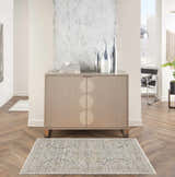 Entryway with a Nourison Lynx Light Blue Vintage rug, wood floors, and a modern cabinet.