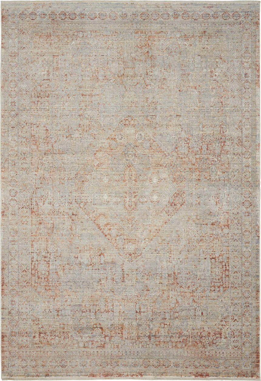 Close-up of the Nourison Lustrous Weave Grey Brick Vintage Area Rug, featuring a distressed, ornate pattern in gray and brick red.