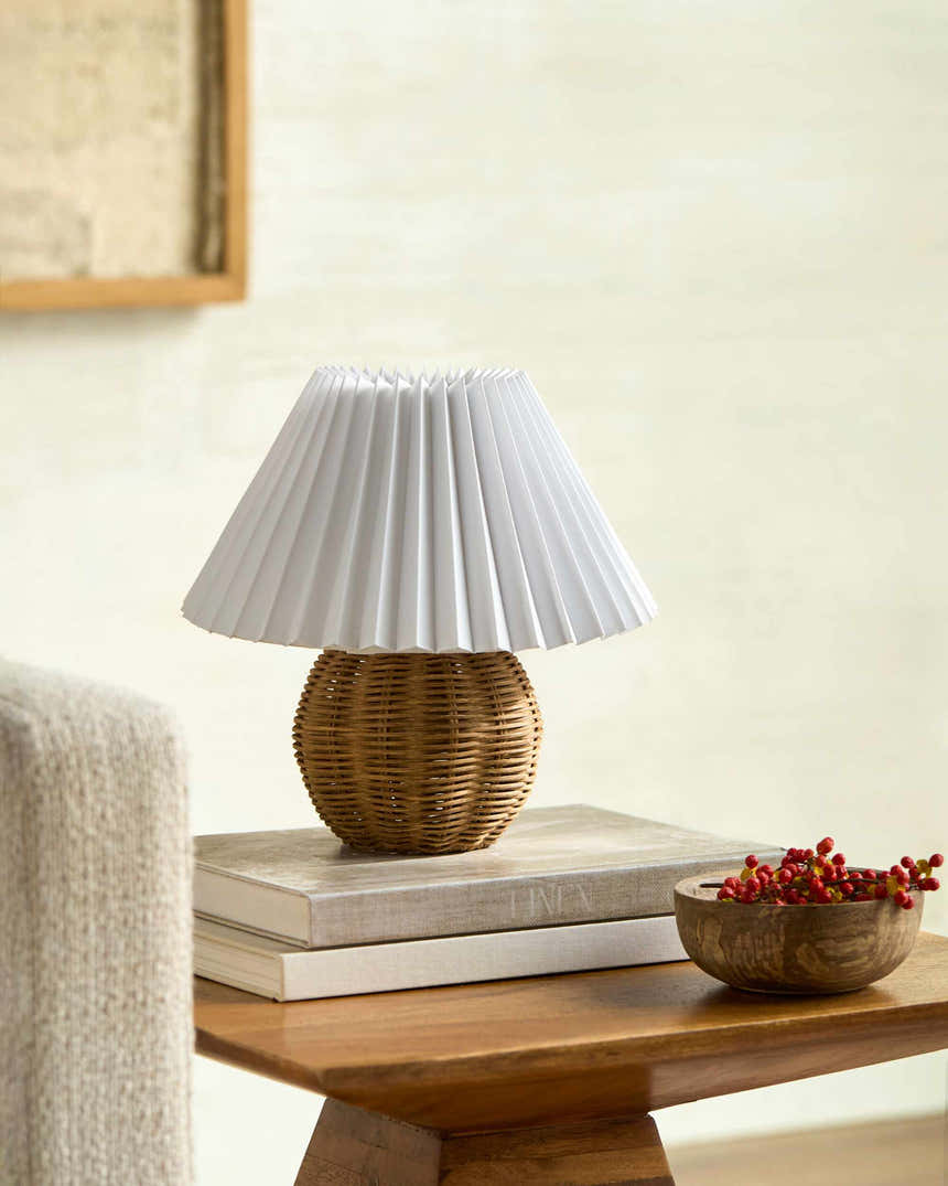 Soft Orange Traditional Table Lamp with rattan details for bedside or console tables