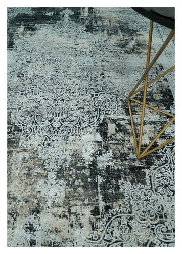 Black, Beige and Silver Antique Finish, Vintage look, Art Silk Area Rug, Living Room Rug