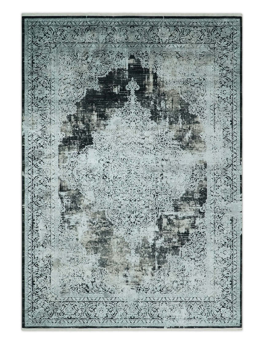 Black, Beige and Silver Antique Finish, Vintage look, Art Silk Area Rug, Living Room Rug