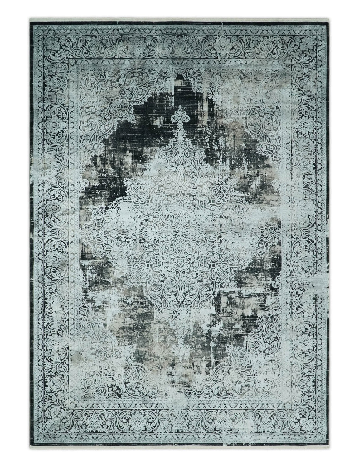 Black, Beige and Silver Antique Finish, Vintage look, Art Silk Area Rug, Living Room Rug