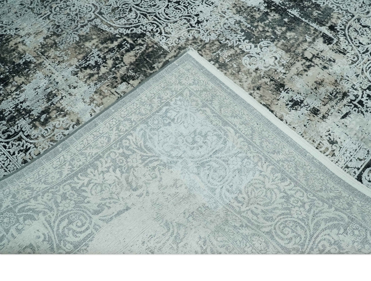 Black, Beige and Silver Antique Finish, Vintage look, Art Silk Area Rug, Living Room Rug