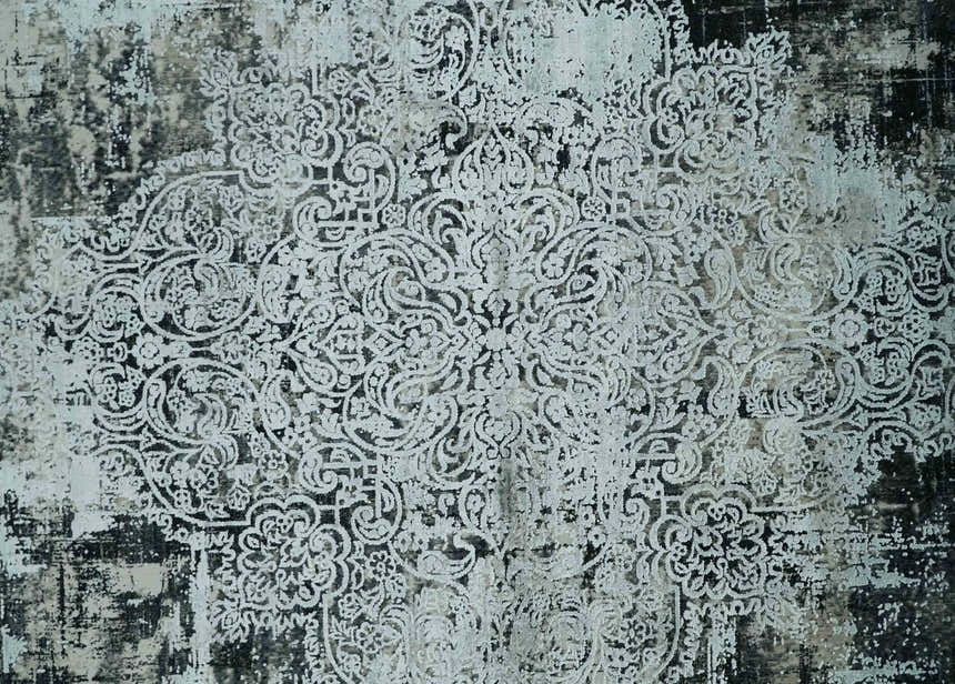 Black, Beige and Silver Antique Finish, Vintage look, Art Silk Area Rug, Living Room Rug