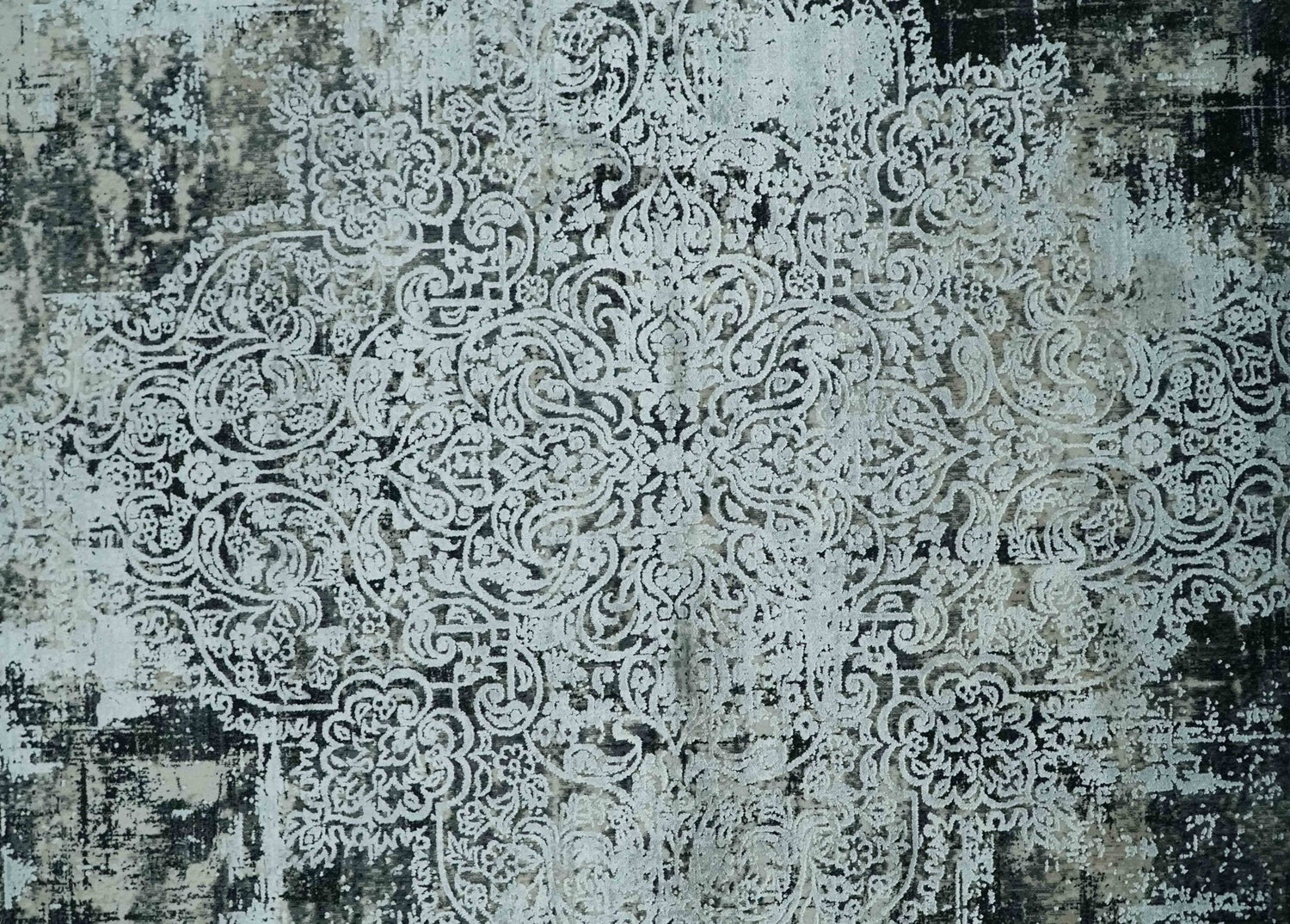 Black, Beige and Silver Antique Finish, Vintage look, Art Silk Area Rug, Living Room Rug