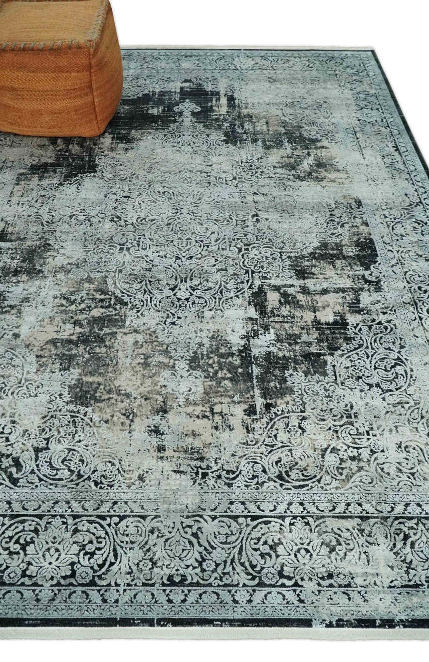 Black, Beige and Silver Antique Finish, Vintage look, Art Silk Area Rug, Living Room Rug