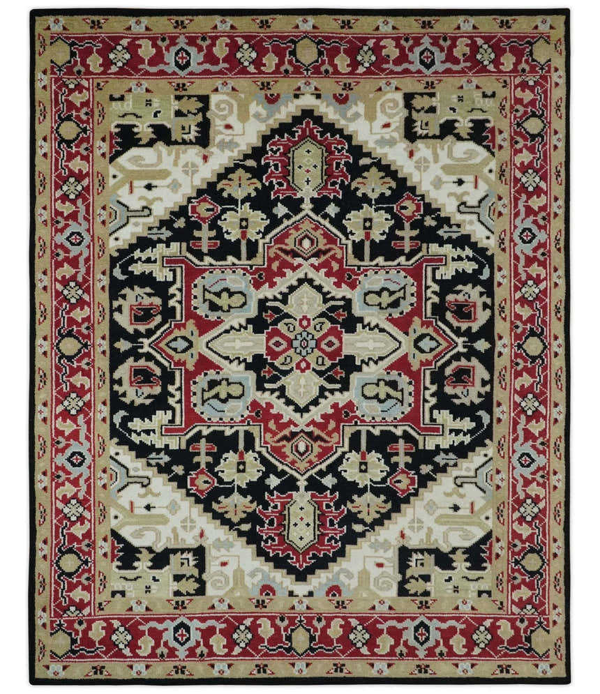 Black, Ivory, Olive and Brown Hand knotted Traditional Heriz Medallion Multi Size Wool Area Rug